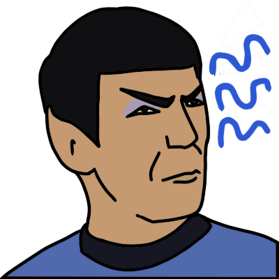 The head and shoulders of Spock from Star Trek: The Original Series, with one eyebrow rising and three wiggly blue lines coming from his head.